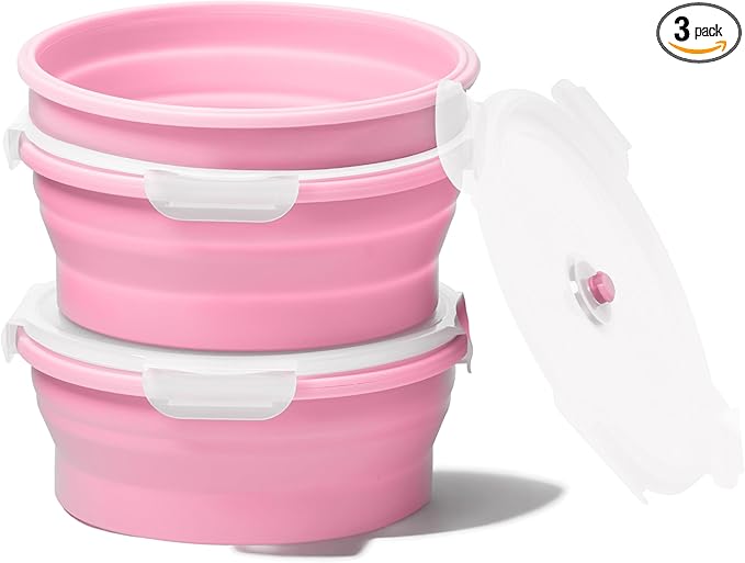 Vdomus Collapsible Food Storage Containers - Leak Proof, Microwave Safe - 40.5oz/1.2L Airtight Silicone Food Containers - Meal Prep Collapsible Bowls with Lids - Set of 3 - Pink