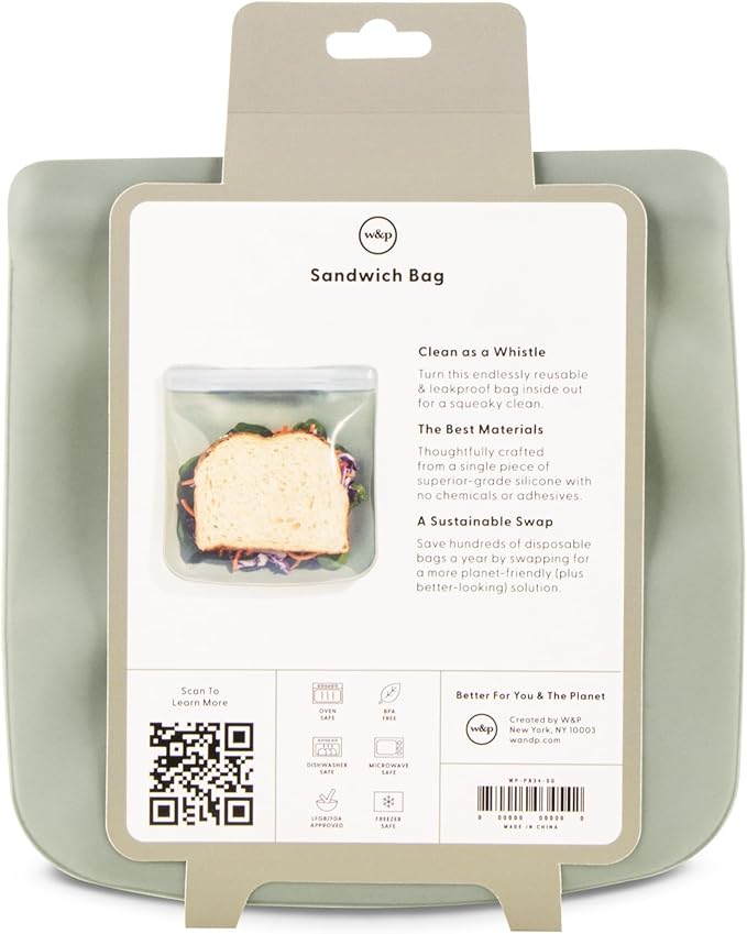W&P Porter Silicone Reusable Storage Bag, Sandwich (34oz Flat), Sage, Food Storage Container, Microwave and Dishwasher Safe, Easy Cleaning