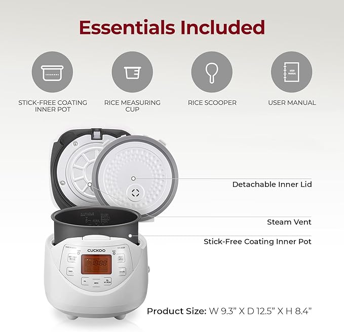 CUCKOO Micom Rice Cooker 6 Cup Uncooked / 12 Cup Cooked, Korean Fuzzy Logic Rice Cooker with Delay Timer & Keep Warm Setting, Versatile Food Steamer with Non-Stick Inner Pot, White (CR-0633F)