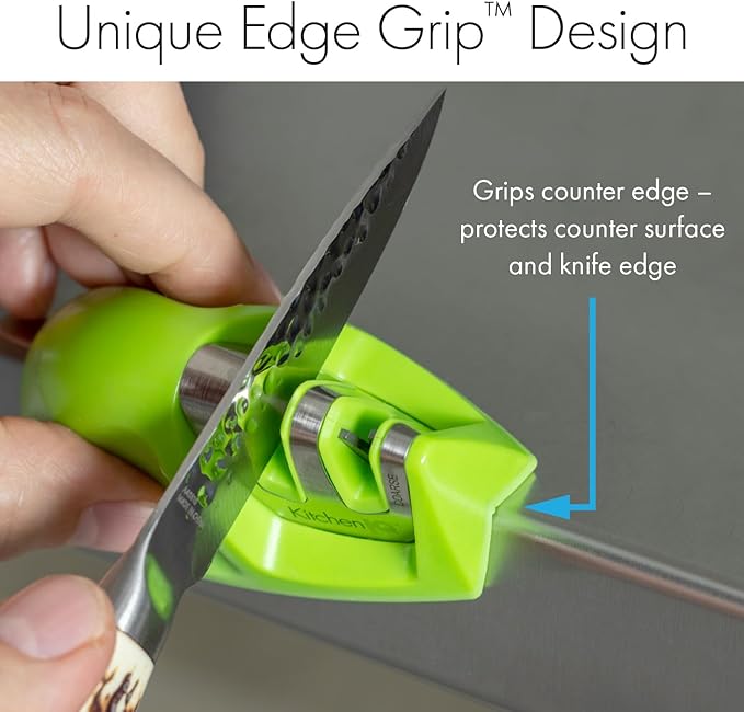 KitchenIQ 50881 - Edge Grip 2-Stage Knife Sharpener - Green - Coarse & Fine Sharpeners -Compact for Easy Storage - Stable Non-Slip Base - Soft Grip Rubber Handle - Straight & Serrated Knives