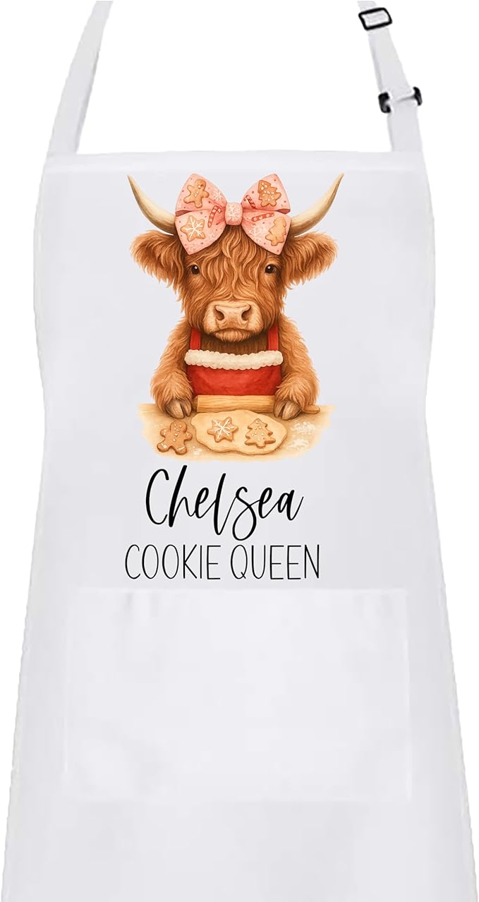 Personalized Mommy & Me Highland Cow with Bow Apron Set – Christmas Matching Family Baking Gift