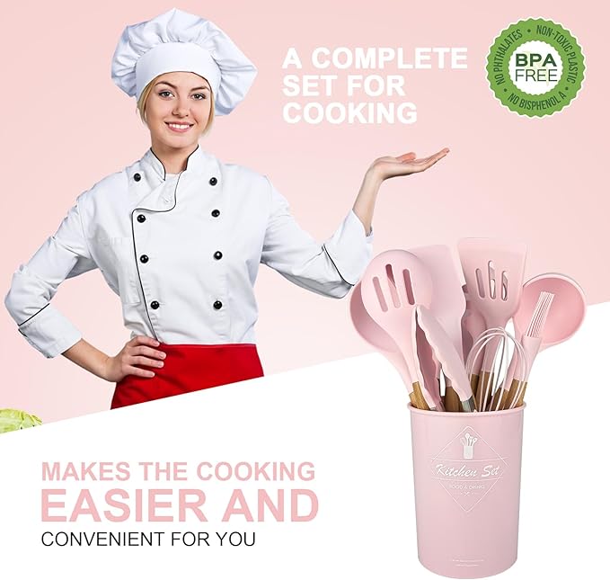 Silicone Cooking Utensils Kitchen Utensil Set - 446°F Heat Resistant Silicone Kitchen Utensils Set, Spatula,Turner Tongs, Spoon, Brush, Whisk,Kitchen Gadgets for Nonstick Cookware, BPA Free (Pink)