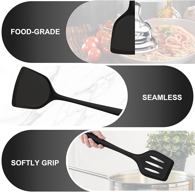 TeamFar Silicone Cooking Utensils Set, 5-Piece Heat Resistant Kitchen Utensils Set, Nonstick Slotted Solid Spoon Turner Pasta Server for Frying, Serving, Mixing, Non-Toxic & Dishwasher Safe, Black