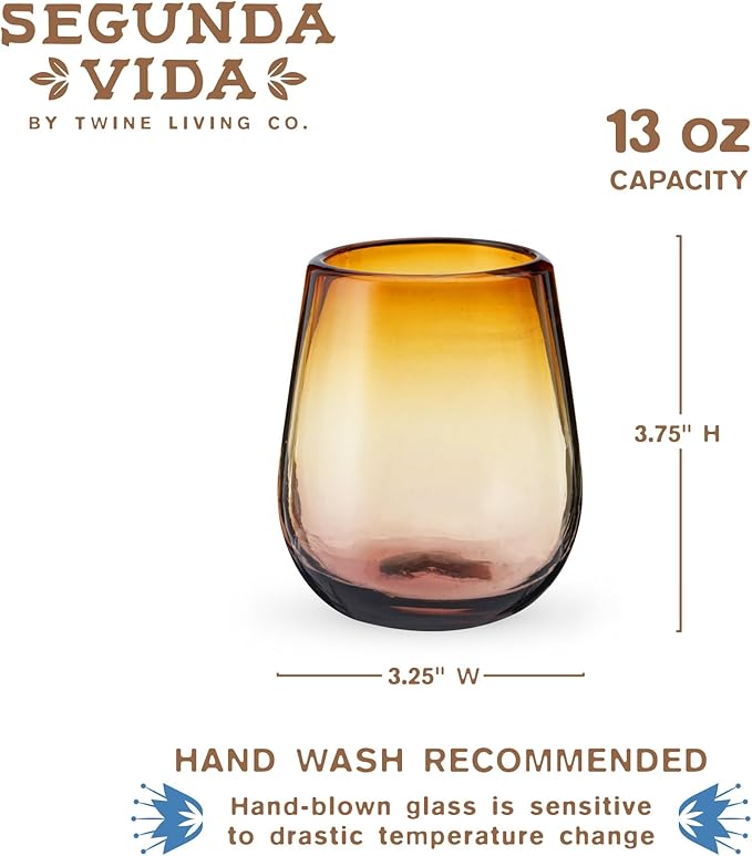 Twine Living El Ocaso Hand Blown Wine Glasses, Recycled Mexican Glassware with Sunset Inspired Yellow and Purple Gradient, Stemless Drinking Glasses for Wedding Gifts, Wine Lovers, 13 oz Set of 2
