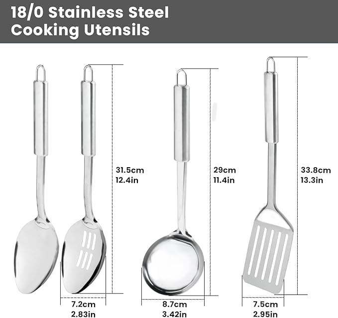 4 Pack Stainless Steel Cooking Utensils Set, Kitchen Utensils Set, Slotted Spoon, Soup Ladle, Serving Spoon and Slotted Spatula, Ergonomic Handle, Dishwasher Safe