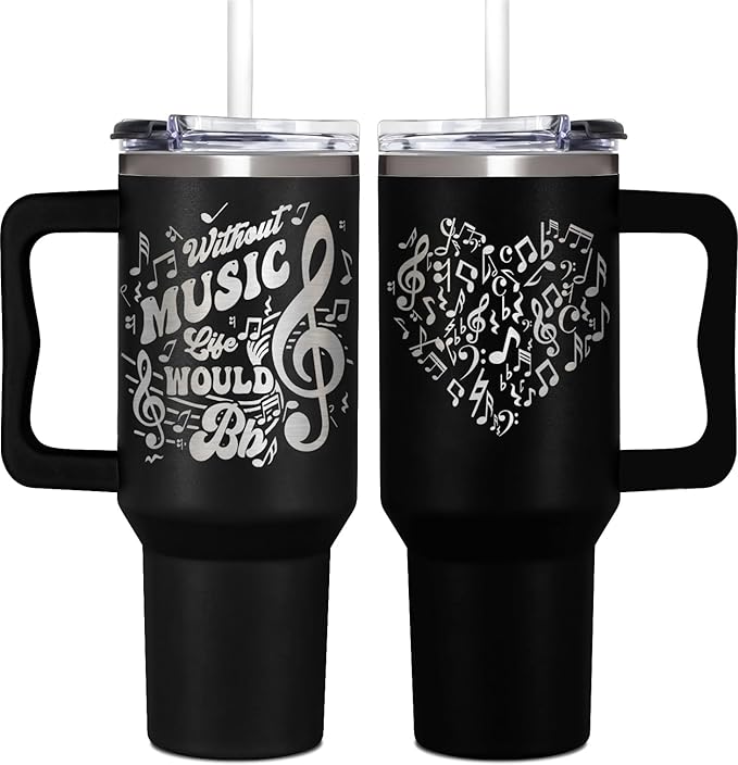 Music Gifts for Men, Women & Teens - 40oz Musical Themed Tumbler with Handle for Music Lovers, Teacher Appreciation Gifts - Fathers Day, Mothers Day, Birthday, Christmas Gift for Rhythm Lovers