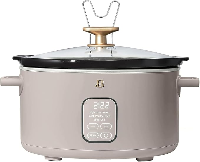 Beautiful 6 Qt Programmable Slow Cooker by Drew Barrymore - 5 Preset Cooking Functions, Digital Countdown Timer, Dishwasher-Safe Parts, and Cool-Touch Handles (Porcini Taupe)