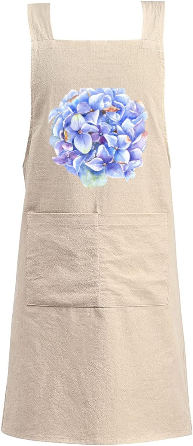 Cotton Linen Apron Non-tie Cross Back Kitchen Apron with Pockets Soft Comfortable Durable for Cooking Baking Gardening (Khaki，Hydrangea)