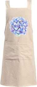 Cotton Linen Apron Non-tie Cross Back Kitchen Apron with Pockets Soft Comfortable Durable for Cooking Baking Gardening (Khaki，Hydrangea)