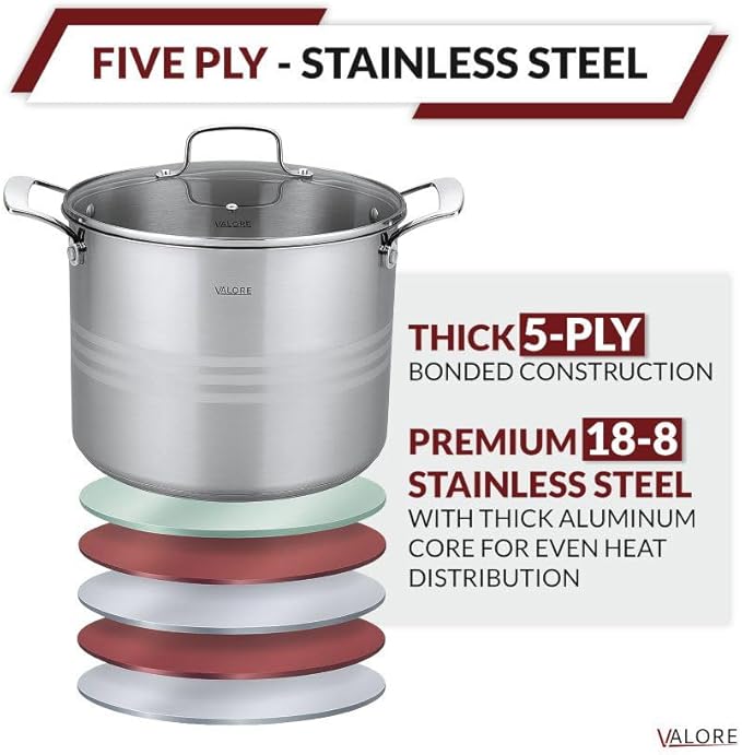Valore 12 Qt Stainless Steel Stock Pot with Glass Lid – 5-Ply Soup Pot for Cooking & Canning – Heavy-Duty Large Cooking Pot with Brushed Stainless Finish & Riveted Handles