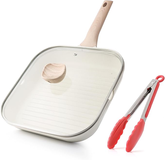 Kordisen Nonstick Grilling Pan with Lid for Stove Tops, 11 Inch Square Grill Pan for Indoor Cooking, Healthy Coating Grill Skillet with Pour Spouts, Versatile Griddle, Induction Steak Pan, White