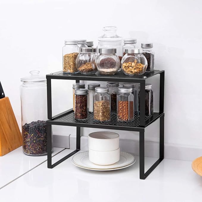NEX Kitchen Cabinet and Counter Shelf Organizer, Expandable & Stackable, Black