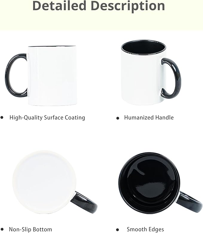 11oz White Ceramic Sublimation Coffee Mug With Solid Colors Inside and Handle，(36, Black)