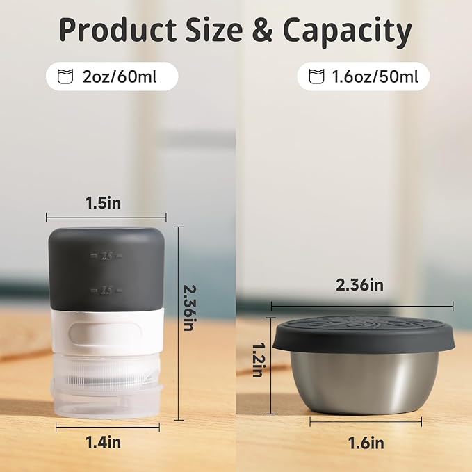 8-Pack Salad Dressing Container To Go, 1-oz Silicone Small Condiment Squeeze Bottles and 1.6 oz Stainless Steel Sauce Containers Cups, Leakproof Condiment Containers with Lids for Lunch Box