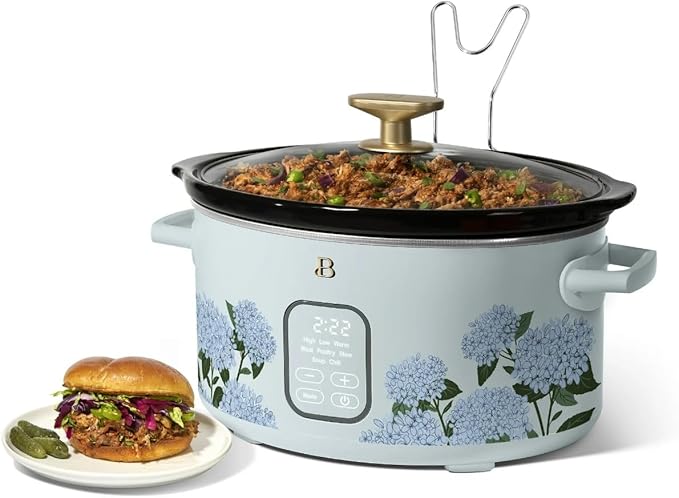 Beautiful 6 Qt Programmable Slow Cooker with Touch Control, Digital Timer and Keep Warm Function – Large Electric pot Capacity Kitchen Appliance by Drew-Barrymore (Hydrangea Floral)