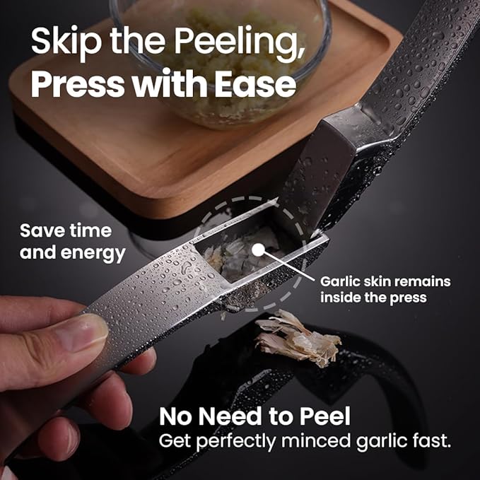No Peeling Required Garlic Press Stainless Steel with Detachable Handle for Coarse Mincing - Premium Garlic Mincer Tool, Rust-Proof, Easy to Clean, Dishwasher Safe Garlic Crusher, Lifetime Replacement