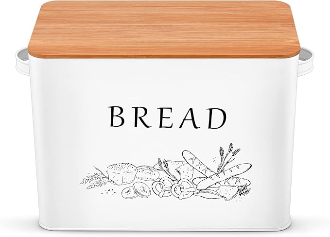 P&P CHEF Bread Box for Kitchen Counter, Metal Bread Storage Bin with Wooden Cutting Lid, Large Capacity for Holding 2+ Loaves, Retro Modern Style, Size 13” x 7.2” x 9.7”, White