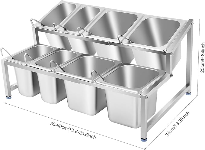 2 Tier Expandable Spice Rack, 8 Pans Commercial Seasoning Organizer Shelf with Spoons & Lids, Adjustable Stainless Steel Countertop Inclined Holder for Kitchen, Restaurant