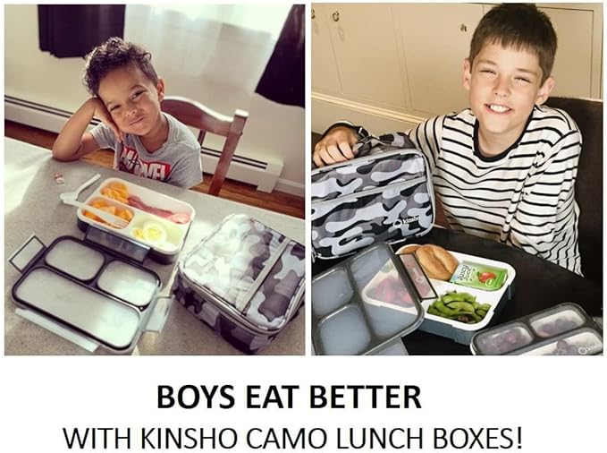 kinsho Bento Box with Insulated Lunch Bag and Ice Pack. Lunch Container with 3 Divided Leak-Resistant Compartments Perfect for Work or School, Adults Boys Kids, Black with Camo Bag