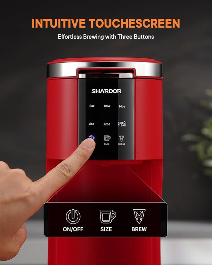 SHARDOR 3 in 1 K Cup Coffee Maker, Single Serve Coffee Maker for K Cup Pods & Ground Coffee & Teas, 6 to 14oz Brew Sizes, 40oz Detachable Water Reservoir, Compact Design, Red