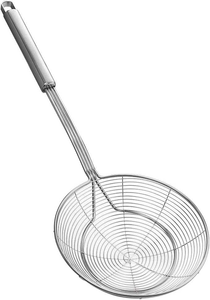 YFWOOD 6.3 Inch Spider Strainer Skimmer, Reinforced Double Coil Wire Skimmer with Large Handle Solid Stainless Steel Strainer Ladle,for Kitchen Deep Frying Food Spaghetti Noodle (1 - Piece)