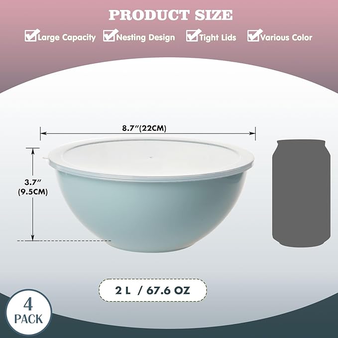 4-Piece Plastic Mixing Bowl Set with Lids for Kitchen, 67oz Lightweight Storage Bowls, Large Salad Bowls for Baking, Prepping, Cooking and Serving Food, Dishwasher & Microwave Safe