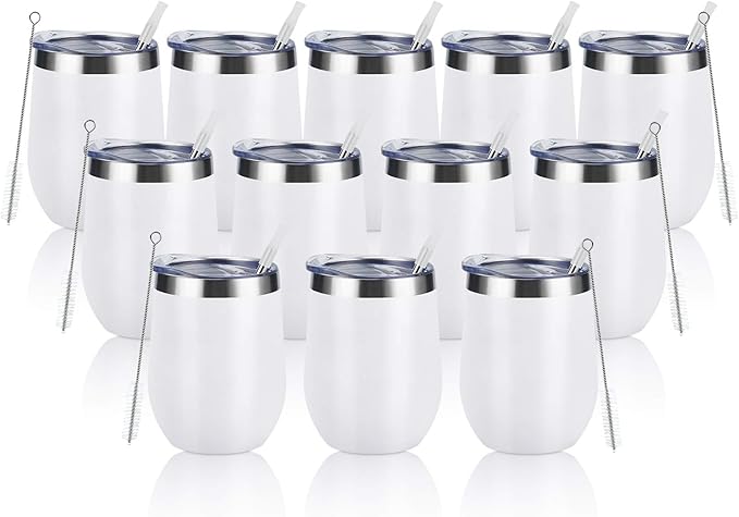 12 Pack Stainless Steel Wine Tumblers, 12Oz Double Wall Vacuum Insulated Wine Tumblers with Lids and Straws, Stainless Steel Stemless Wine Glasses for Coffee, Wine, Cocktails, Champaign, White…