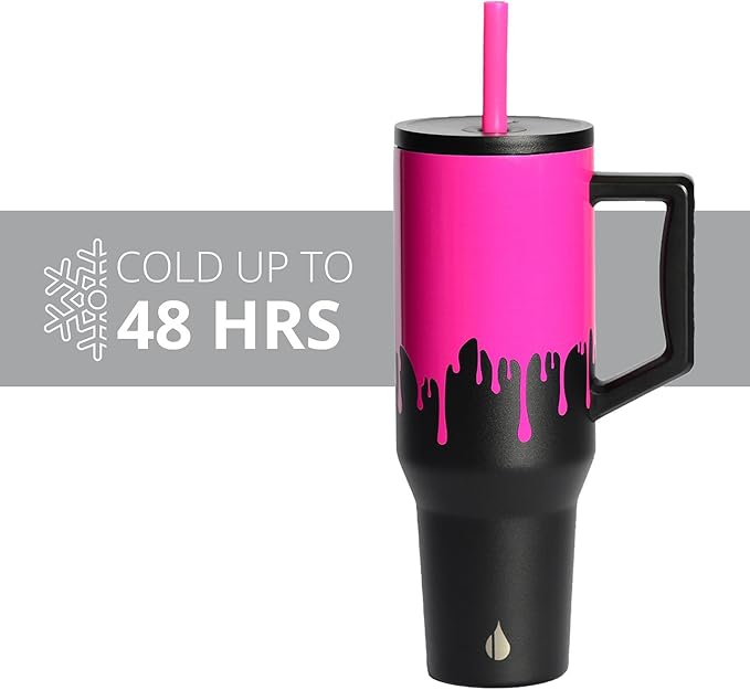 Elemental 40 oz Tumbler with Handle and Straw - Spill Proof Insulated Stainless Steel Commuter for Hot and Cold Beverages - Travel Coffee Mug with 2 Straws & Spill Proof Lid - 40oz - Hot Pink Drip