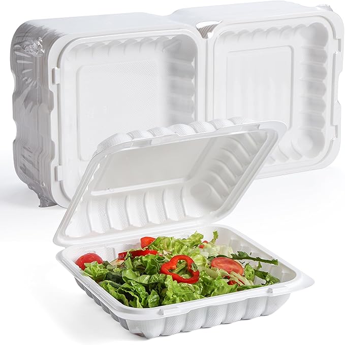 YANGRUI Food Containers 8 Inch 34 oz 55 Pack - Shrink Wrap BPA Free Mineral Filled PP Plastic Container | Reusable Freezer & Microwave Safe Meal Prep Takeout | White Heavy Duty Clamshell Lunch Boxes