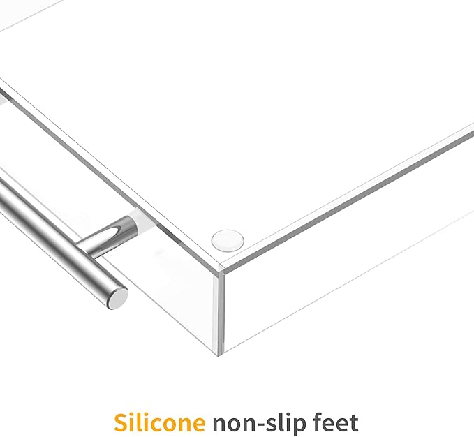 Richboom Clear Acrylic Serving Tray 16"x12" - Coffee Table Living Room Kitchen Decorative Tray with Silver Metal Handles, Bathroom Vanity Tray Perfume Cosmetic Storage Organizer
