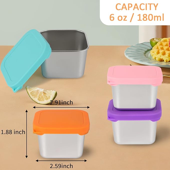 6oz Stainless Steel Sauce Containers with Lids, Leakproof Reusable Salad Dressing Containers for Lunch Boxes Picnics Travel, Dishwasher Safe Food Storage. 6 pcs