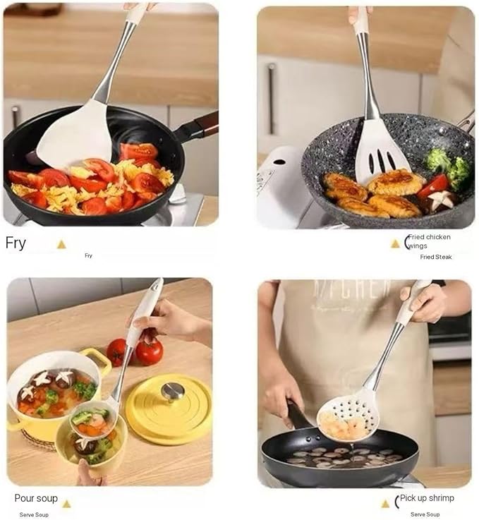 8-Piece White Kitchen Utensil Set with Gold Handles, Stainless Steel Cooking Tools, Includes Spatulas, Ladle, Spoons for Nonstick Cookware (Gold and White)
