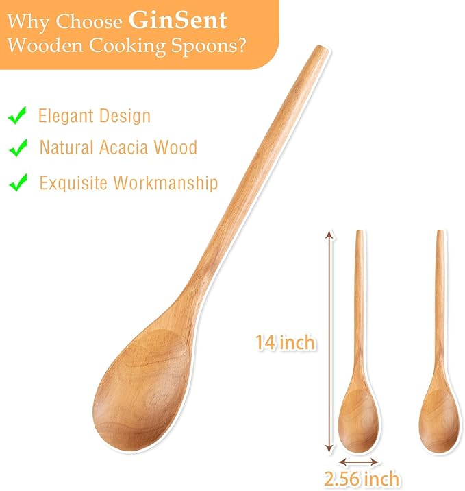 GinSent 2PCS Wooden Spoons for Cooking,14-INCH Wooden Spoons Cooking Comfort Grip Wooden Cooking Spoons Wood Spoon Cooking Kitchen Utensils for Stirring Serving,Non-Stick Cookware Safe