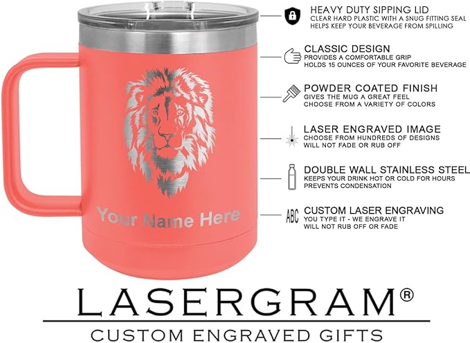 LaserGram 15oz Vacuum Insulated Coffee Mug, Tiki Statue, Personalized Engraving Included (Coral)