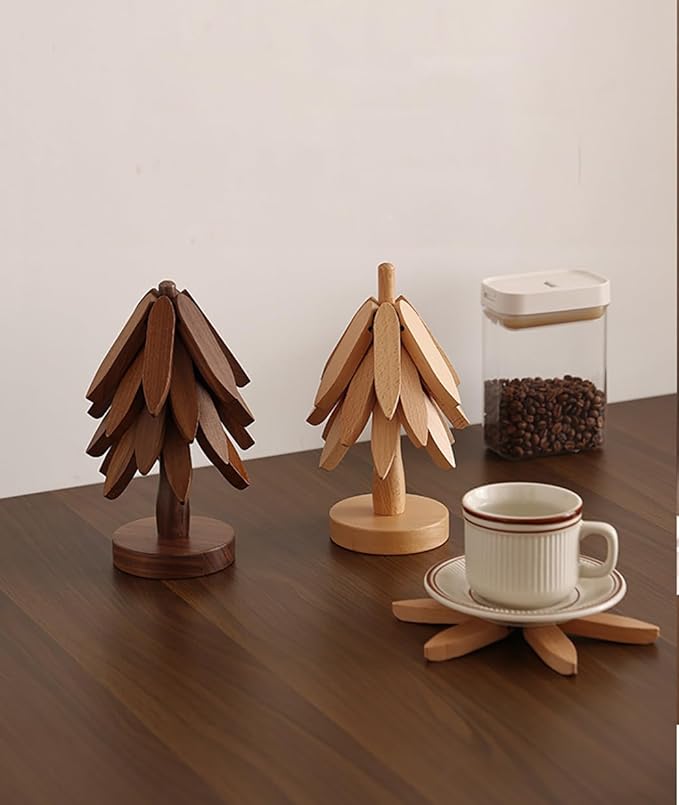 Wooden Trivets for Hot Dishes, Tree Shape Trivet Set, 4 Wooden Trivets+1 Stand, Natural Foldable Kitchen Wooden Trivet for Hot Dishes, Pot, Bowl, Teapot, Hot Pot Holders