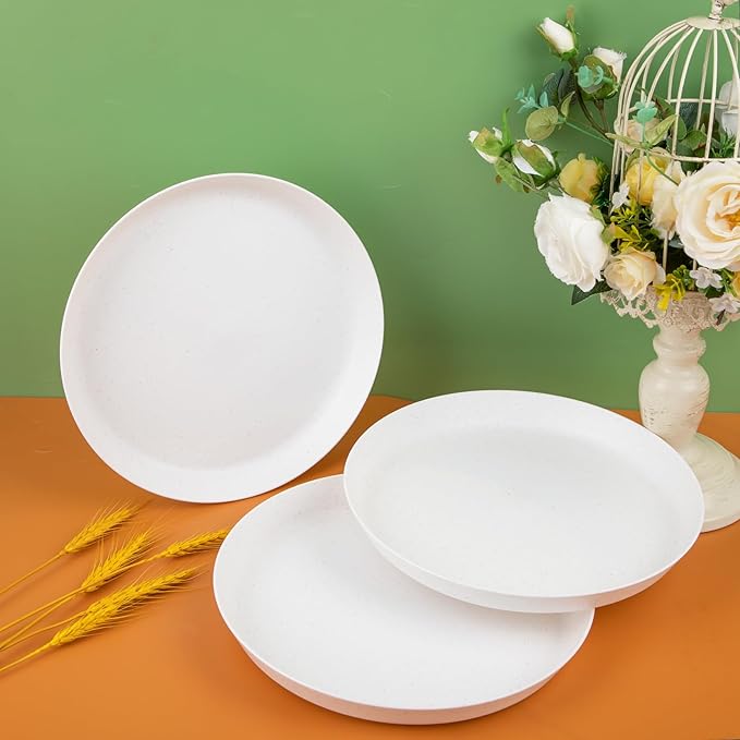 EI 18pcs White Wheat Straw Dinner Plates,Lightweight Dinner Plates,Premium Reusable Plastic Plates,Unbreakable Deep Dinner Plates for School,Family Dinner,Picninc