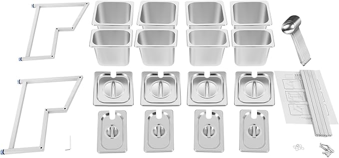 2 Tier Expandable Spice Rack, 8 Pans Commercial Seasoning Organizer Shelf with Spoons & Lids, Adjustable Stainless Steel Countertop Inclined Holder for Kitchen, Restaurant