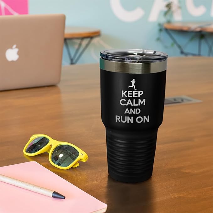 Stainless-Steel Engraved Travel Mug Tumbler 20 Oz Keep Calm and Run on Thermal Coffee Cup Black