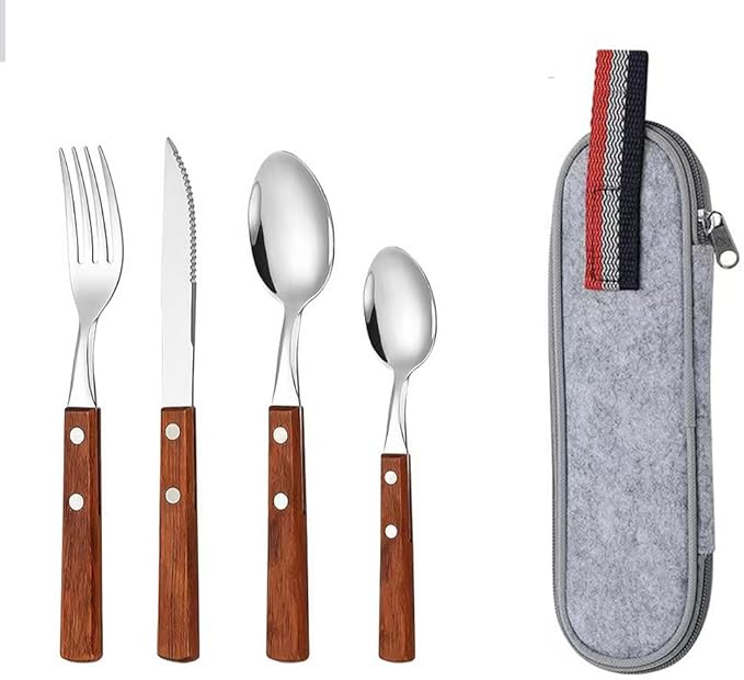 Stainless Steel Wooden Handle Silverware Set,Elegant Western Cutlery Set,Contains Knife, Fork, Spoon (A)