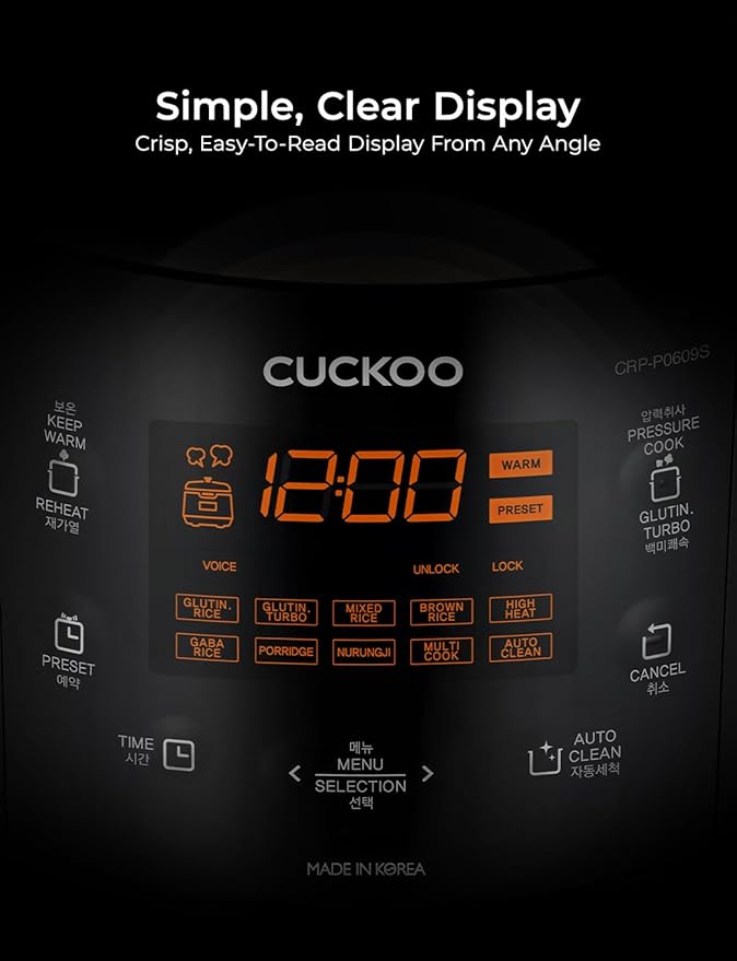 CUCKOO High Pressure Rice Cooker 6-Cup Uncooked / 12-Cup Cooked with Nonstick Inner Pot, Versatile Rice Maker with 12 Menu Options and Steam Plate, Fuzzy Logic Tech, Voice Guide, Black (CRP-P0609S)
