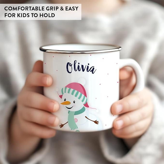 Andaz Press Personalized Name 11oz. Kids Christmas Hot Chocolate Stainless Steel Campfire Coffee Mug, Charming Snowman Aqua Scarf, 1-Pack, Custom Birthday Xmas Cup Kids Mugs For Hot Chocolate