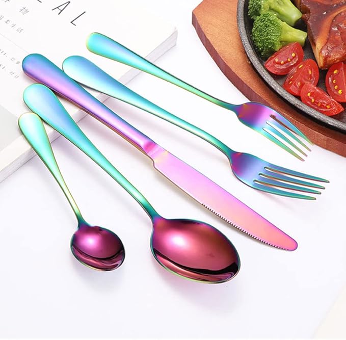 Rainbow Silverware Set for 12 Colored Flatware 60 Pieces Stainless Steel Cutlery Colorful Spoon Fork Knife Kitchen Utensils Restaurant Festival Parties Everyday Use