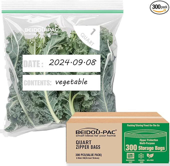 Quart Food Storage Zip Bags, 300 Count | Double Zipper | 8" * 8.1", Freshness Easy Open Reclosable Clear Plastic Bags