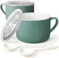 Soup Bowls with Handles & Spoons, 30oz Ceramic Ramen Bowl with Lid, Large Soup Mugs/Cups for Instant Noodle, Big Cereal Bowls for Oatmeal, Soup Containers with Lids, Set of 2, Teal Blue
