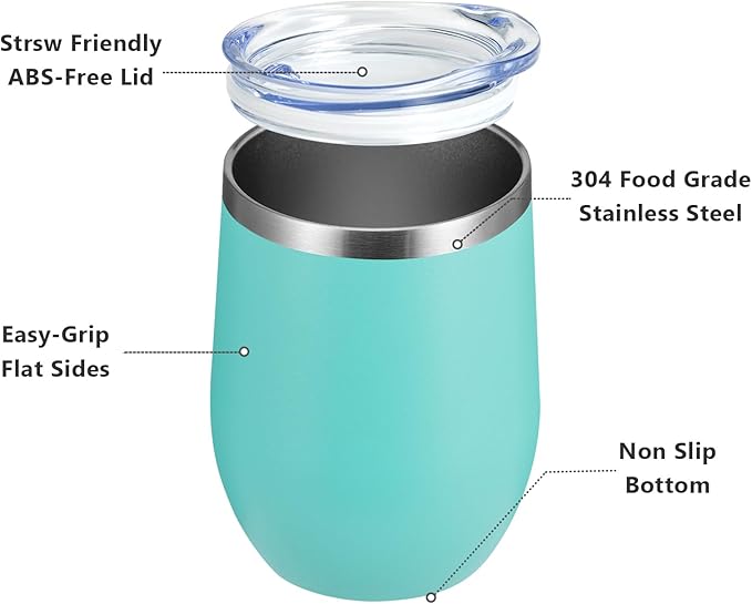 MEWAY 12oz/12 Pack Wine Tumbler Glasses with Lid -Double Wall Vacuum Stainless Steel Travel Tumbler Mug,Stemless Insulated Wine Cup for,Coffee,Cocktails,Gifts (Light green,Set of 12)