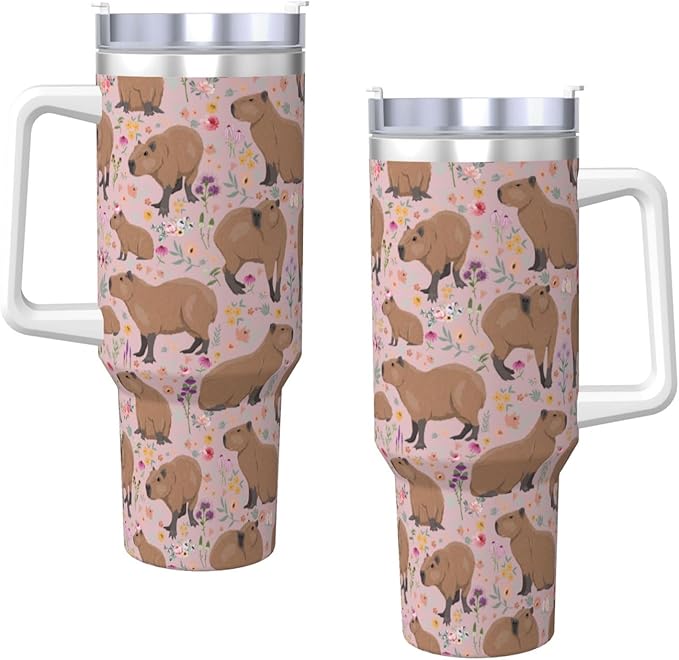 Capybara Gifts Capybara Tumbler Water Bottle Cups for Girls, Teens, Women, Men 40oz Stainless Steel Vacuum Insulated Tumbler with Lid and Straw for Water, Iced Tea or Coffee, Pink