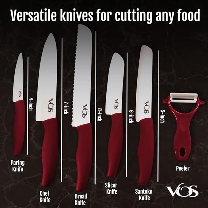 Vos Ceramic Knife with Peeler, Knives Set For Kitchen, Ultra Sharp Kitchen Knife Set with Covers, 4" 5" 6" 7" 8" Paring, Chef Knife, Santoku & 2 more, Lightweight, Dishwasher safe (Red)