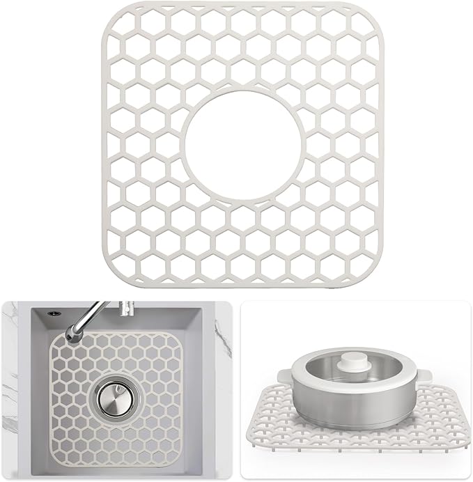 Silicone Sink Protectors for Kitchen Sink - 12" x 11" Kitchen Sink Grid Accessory, Non-Slip Heat-Resistant Mat for Bottom of Porcelain Stainless Steel, Dishwasher Safe (White)