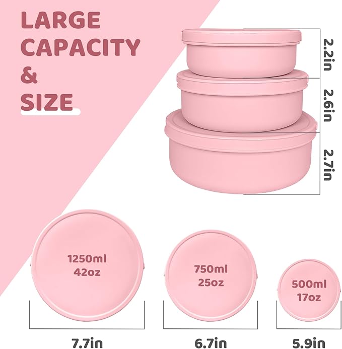 Silicone Food Storage Containers Bowl, Set of 3 Reusable Silicone Bento Lunch Box Containers with Lids (17oz, 25oz, 42oz) Dishwasher, Microwave and Freezer Safe (Pink)