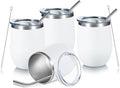 COMOOO 12oz Stainless Steel Wine Tumbler with Lid and Straw, Insulated Wine Tumbler Cup, Stemless Wine Glass Tumbler for Hot and Cold Drinks,Champagne, Cocktails, White, 4 Pack